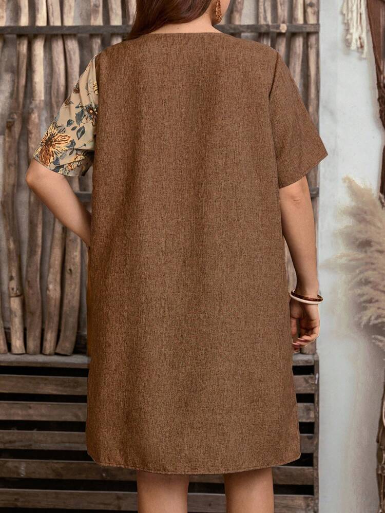 Plus Size Vacation Boho Country Linen Color Block Floral Print Dress Boho Dresses For Women Summer Outfits  Spring Outfits For Women Western Wear Women,Flower