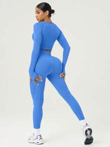 SHEIN Women Solid-Color Raglan Sleeve Long Sleeve Cropped T-Shirt And Leggings Sports Set - Blue - View 2