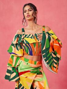 BELANGE HANDMADE Designer Boho Bohemian Position Floral Print Ruffle Tiered Sleeves Off Shoulder Shirred Cute Summer Top, Festival, Tropical,Beach For Women, Concert Elegant Vacation Business Casual Western Wear