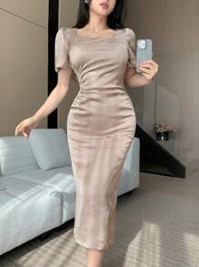 DAZY Women's Solid Color Square Neck Puff Sleeve Pleated Mid-Length Dress Elegant,Formal Women Dresses - Pink - View 3