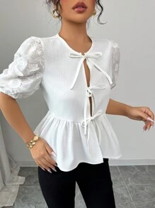 Elenzga 女士白色提花拼接系带泡泡袖衬衫 - 白色 - 查看 6
