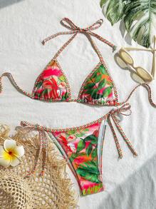 Swim Vcay Conjunto de bikini de 2 piezas con estampado aleatorio de plantas tropicales, con tiras en el cuello y la espalda, para verano y vacaciones en la playa