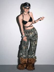 ROMWE Avant Pantalón de chándal holgado para mujer con cintura baja, con adornos de cristales y estampado de camuflaje, estilo streetwear Y2K