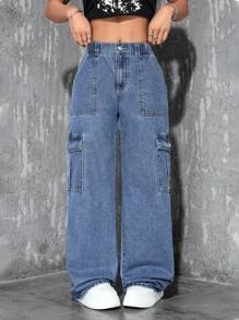 SHEIN PETITE Women's Casual Washed Straight-Leg Cargo Jeans
