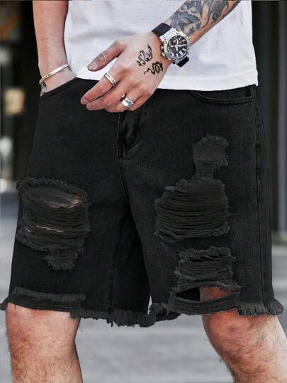 Manfinity LEGND Plus Size Men's Casual Distressed Pocket Denim Shorts Going Out Tropical Hang Out Street