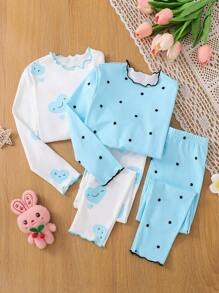 SHEIN Leap Crew 2pcs Young Girl Young Girl Knit Polka Dot Heart Pattern Round Neck Sweater And Knit Pants Set, Homewear - Blue - View 1