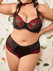 Ensemble 2 pièces grande taille patchwork rose : Culottes taille haute et soutien-gorge de lingerie avec armatures et broderie, satin