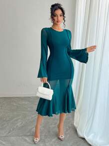 DAZY Stylish Patchwork Fish Tail Hem Women Fall Dress Prom Dress Elegant,Ruffle Long Sleeve Dress - Cadet Blue - View 1