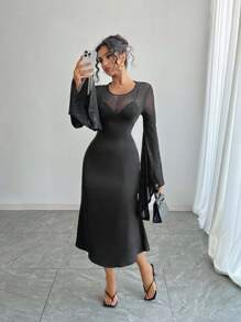 DAZY Vestido de fiesta de longitud media con mangas de campana, cuello de malla con strass, adecuado para citas, bailes de graduación, vestidos formales de mujer, vestido largo de manga larga para otoño con volantes