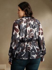 Anewsta 立领插肩袖镂空腰部花卉印花优雅现代衬衫上衣，节日、外出、女士度假装，春季 - 藏蓝色 - 查看 3