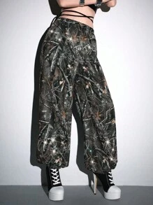 ROMWE Avant Pantalón de chándal holgado para mujer con cintura baja, con adornos de cristales y estampado de camuflaje, estilo streetwear Y2K