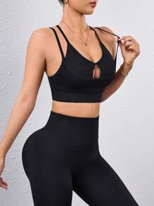 Easithlete 无缝瑜伽健身扭背交叉肩带耐冲击运动胸罩 - 黑色 - 查看 5