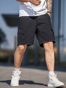 Manfinity Homme Plus Size Casual Plain Cargo Style Denim Shorts For Men - Black - View 7