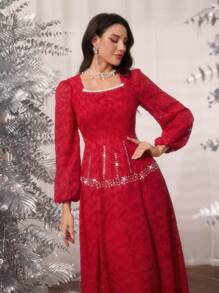 Modelyn 女士优雅编织提花面料方领拼接银色丝带前水钻装饰修身长裙 - 紅色 - 查看 3