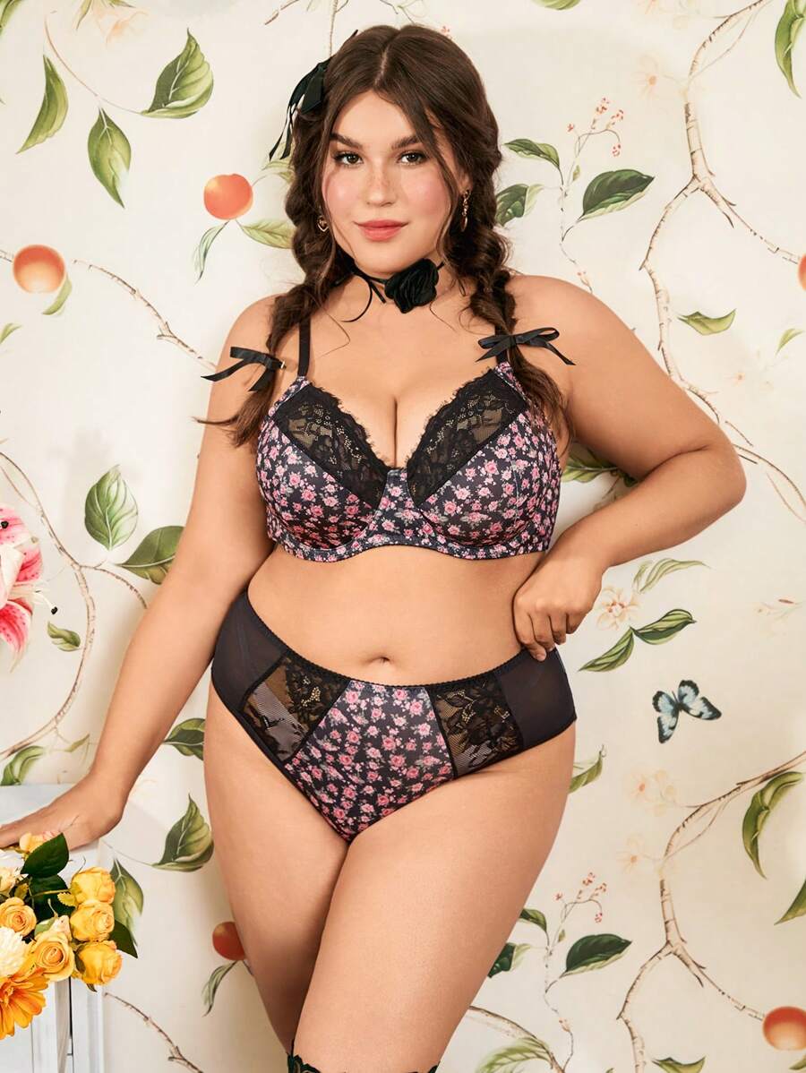 Rose Floral Rustic Romantic Digital Printing Patchwork High Waist Enveloping Panty + Padded Wire-Free Bra 2pcs Lingerie Set, Comfortable, Lift, Plus Size - Black - View 1