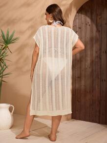 SHEIN Swim Curve Plus Size Women Apricot Hollow Out V-Neck Side Split Knitted Beach Cover-Up, For Summer Vacation