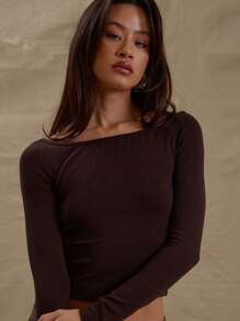 MUSERA Off Shoulder Bardot Fitted Long Sleeve Top Valentine Cute Fall Spring Summer - Coffee Brown - View 5