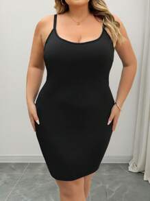 SHEIN CURVE+ Plus Size Women's Black Adjustable Shoulder Strap Bodycon Dress, Shaping Bodice And Hips - Black - View 4