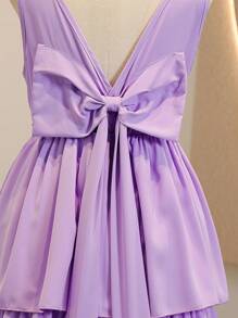 SHEIN Tween Girl Elegant Solid Color Backless Bow Decor Dress Casual Style
