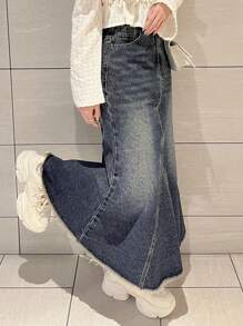 FRIFUL Women's Navy Blue Fish Tail Denim Skirt, Spring Jeans Skirt - Dark Wash - View 5