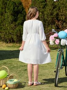 Mädchen Boho Blumen V-Ausschnitt besticktes Urlaubskleid, geeignet für Outdoor, Strand, Alltagstragen - Weiss - Übersicht 2