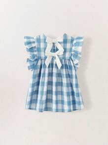 SHEIN 年轻女孩蓝色格子短袖蝴蝶结后背装饰宽松下摆衬衫，度假和乡村风格 - 藍色 - 查看 2