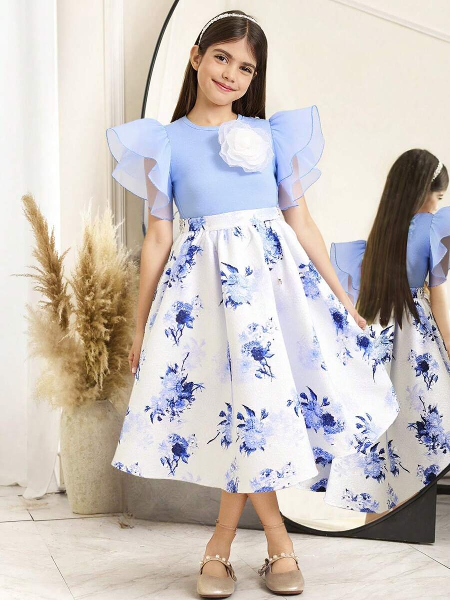 SHEIN Leap Crew Tween Girls 2pcs Set Layered Ruffle Sleeve Blouse & Floral Print Skirt - Blue and White - View 1