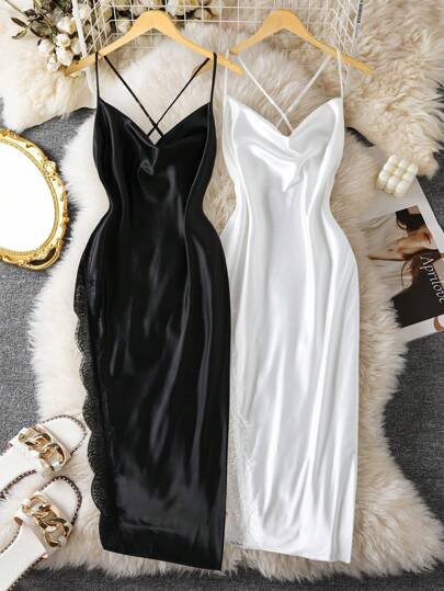 Sexy Lace Patchwork Long Dress & Sleepwear For Women, 2pcs Set