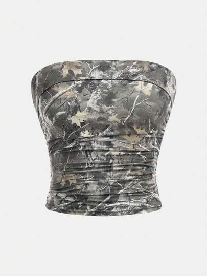 SHEIN Girlism Teen Girls Olive Green Camo Bare Tree Branch Print Street Casual Fitted Drawstring Cropped Tube Top