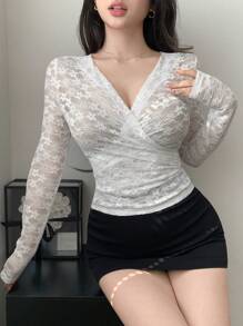 DAZY Camicetta da donna con scollo a V in pizzo, top aderente a canottiera