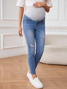 SHEIN Maternity Casual Washed Distressed Skinny Jeans - Light Wash - View 3