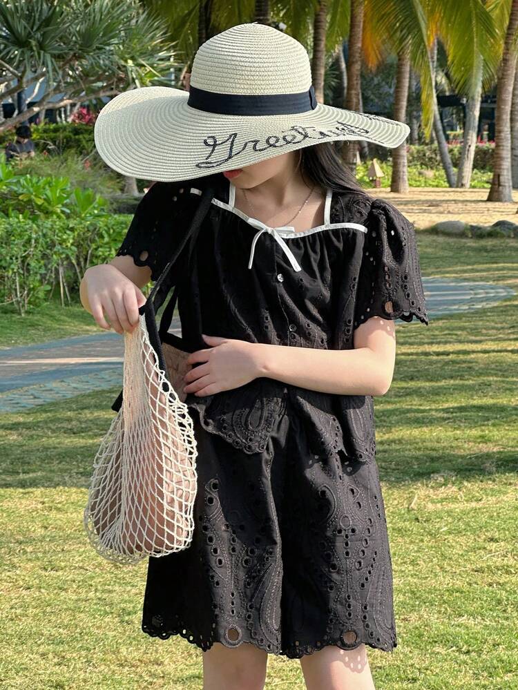 2pcs/Set Tween Girl Solid Color Splicing Front Button Short Sleeve Blouse & Skirt Set,Girls Summer Outfits,Back To School Clothes