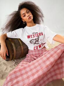Athîral Women's Casual Cowboy Printed Letter Embroidery Short Sleeve T-Shirt,Western Wear Women - White - View 1