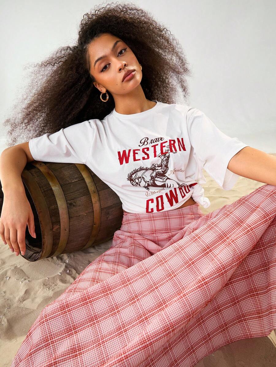 Athîral Women's Casual Cowboy Printed Letter Embroidery Short Sleeve T-Shirt,Western Wear Women - White - View 1