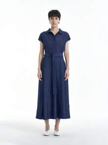 Aalyst Women's Solid Color Short Sleeve Button Pocket Casual Shirt Dress - Medium Wash - View 5