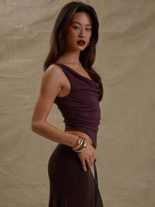 MUSERA 露肩高领褶皱侧边弧形下摆修身上衣，性感迷人，适合伊比沙岛音乐节、假日外出、夜店等场合，秋冬春夏皆宜。 - 紫色 - 查看 3