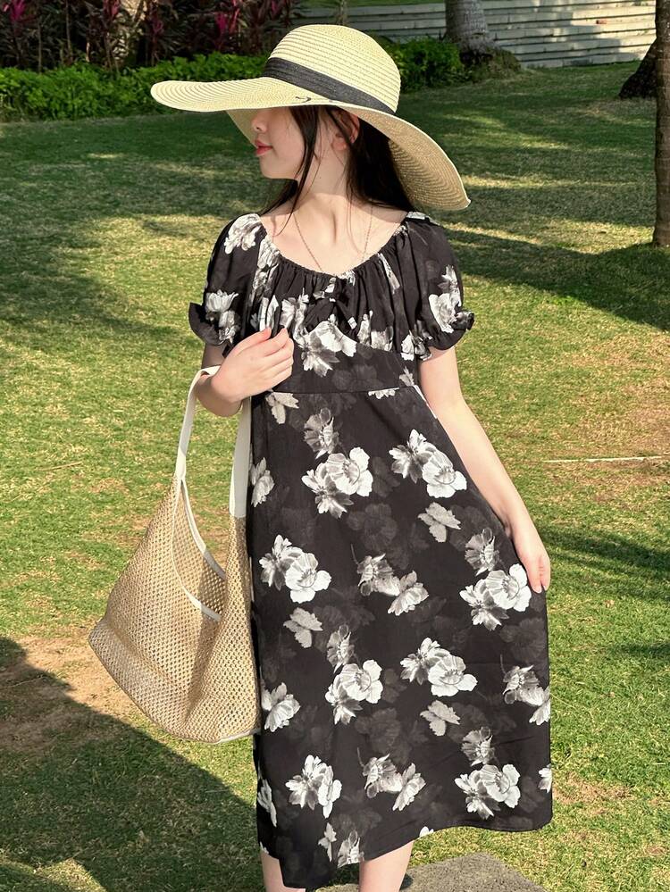 Vestido casual de manga corta con cuello redondo y estampado floral todo sobre para niña preadolescente, conjunto de ropa de verano para niñas, ropa de vuelta al colegio y vacaciones