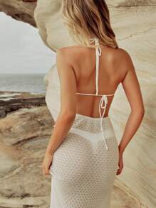 SHEIN Swim Springbreak New White Crochet Net Sleeveless Backless 3D Floral Festival Boho Beach Cover Up For Summer Beach Vacation - White - View 2