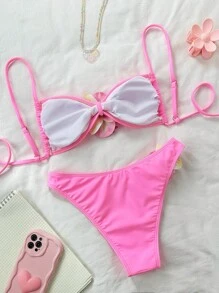 Swim Mod 粉色花朵单肩 2 件套比基尼套装，夏季新款泳衣，节日波西米亚风 - 粉色 - 查看 2