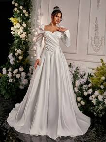 Glamrae Elegante romantische witte hartkraag gerimpelde bisschopsmouw V-hals taille split gerimpelde extra grote rok prachtige trouwjurk voor huwelijksceremonie