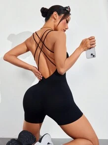 SHEIN Sports Bộ đồ liền thân thể thao chéo hở lưng màu trơn dành cho nữ để tập thể dục hàng ngày - màu đen - Xem 6