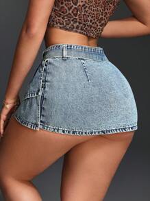 SHEIN BAE Minifalda vaquera con volantes y lavado para mujer - Azul - Ver 2