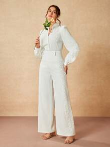 Oxana Designer Business Casual White Embroidery Lace Appliques Buttons Long Sleeves Buttoned Cuffs Notched Collar Blouse Festival Ramadan, Office - White - View 1