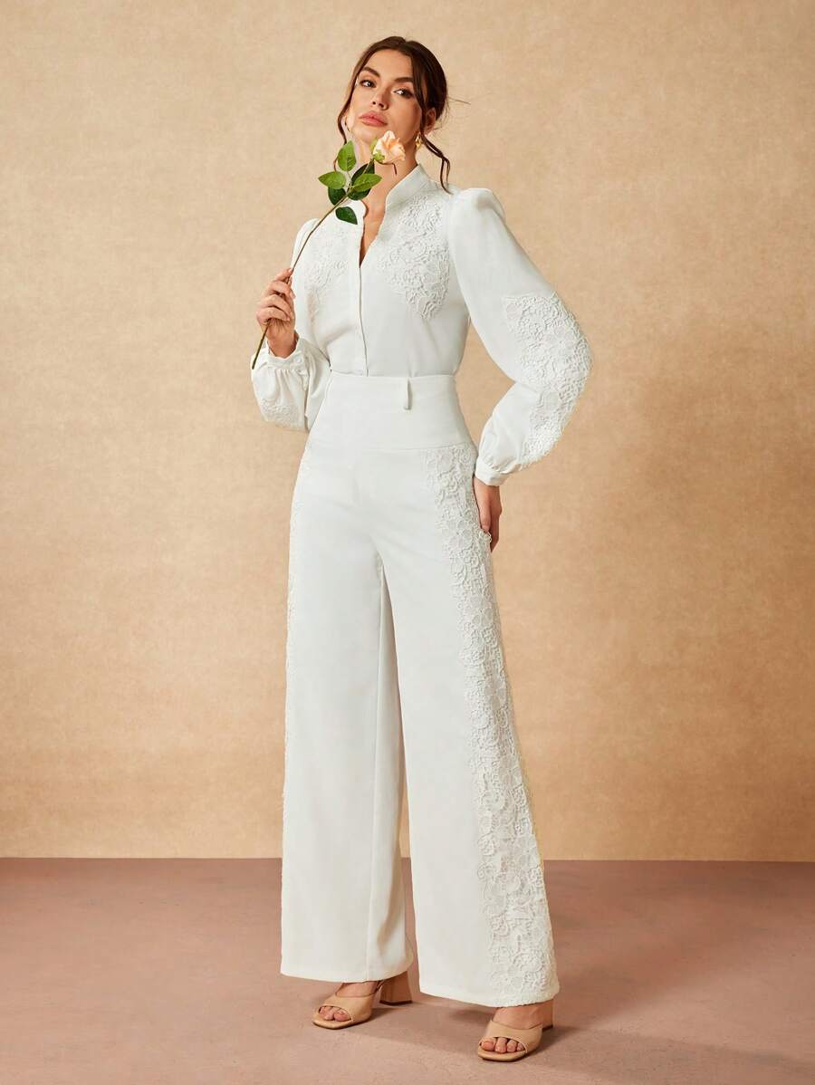 Oxana Designer Business Casual White Embroidery Lace Appliques Buttons Long Sleeves Buttoned Cuffs Notched Collar Blouse Festival Ramadan, Office - White - View 1