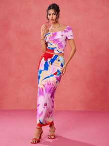 EBIB Designer Floral Printed Asymmetric Ruched Shoulder Top And Skirt Two-Piece Elegant Romantic Rave Set, Festival Resort Outfits Party Outfit Resort Dresses For Women Resort Wear For Women Party Outfit Party Dresses For Women Cocktail Dresses Resort Wear 2025 Women Set Vacation Outfits Women Resort Wear - Multicolor - View 6