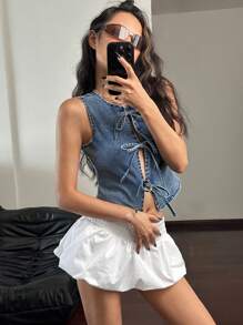 SHEIN ICON Women's Casual Washed Open Front Tied Sleeveless Denim Shirt - Dark Wash - View 3