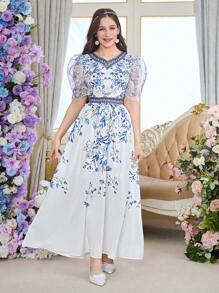 Midi-Kleid mit Blume Muster, V-Ausschnitt und Puffärmeln, tailliertes Kleid für Teenager-Mädchen, für Frühling/Sommer