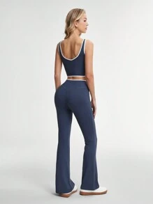 Activina Women Contrast Color Trimmed Sleeveless Top And Flare Pants Sports Suitwomen Workout Set - Blue - View 7