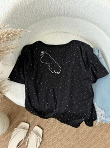 SHEIN LUNE Camiseta ajustada de mujer casual con decoración de cristales, adecuada para fiestas y salidas