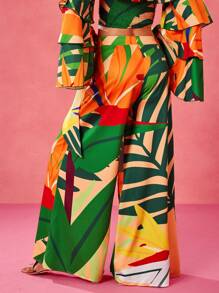 BELANGE HANDMADE Designer Boho Bohemian Multicolor Tropical Floral Print Buttoned Wide-Leg Casual Pants For Spring And Summer Vacation, Festival, Ibiza Fits Resort Pants
